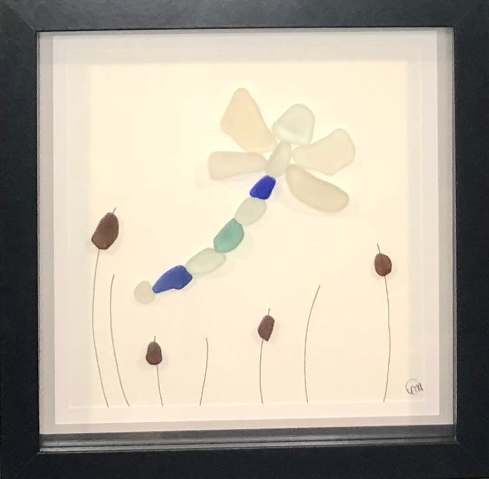 Sea glass picture - dragon fly (5) - 8x8