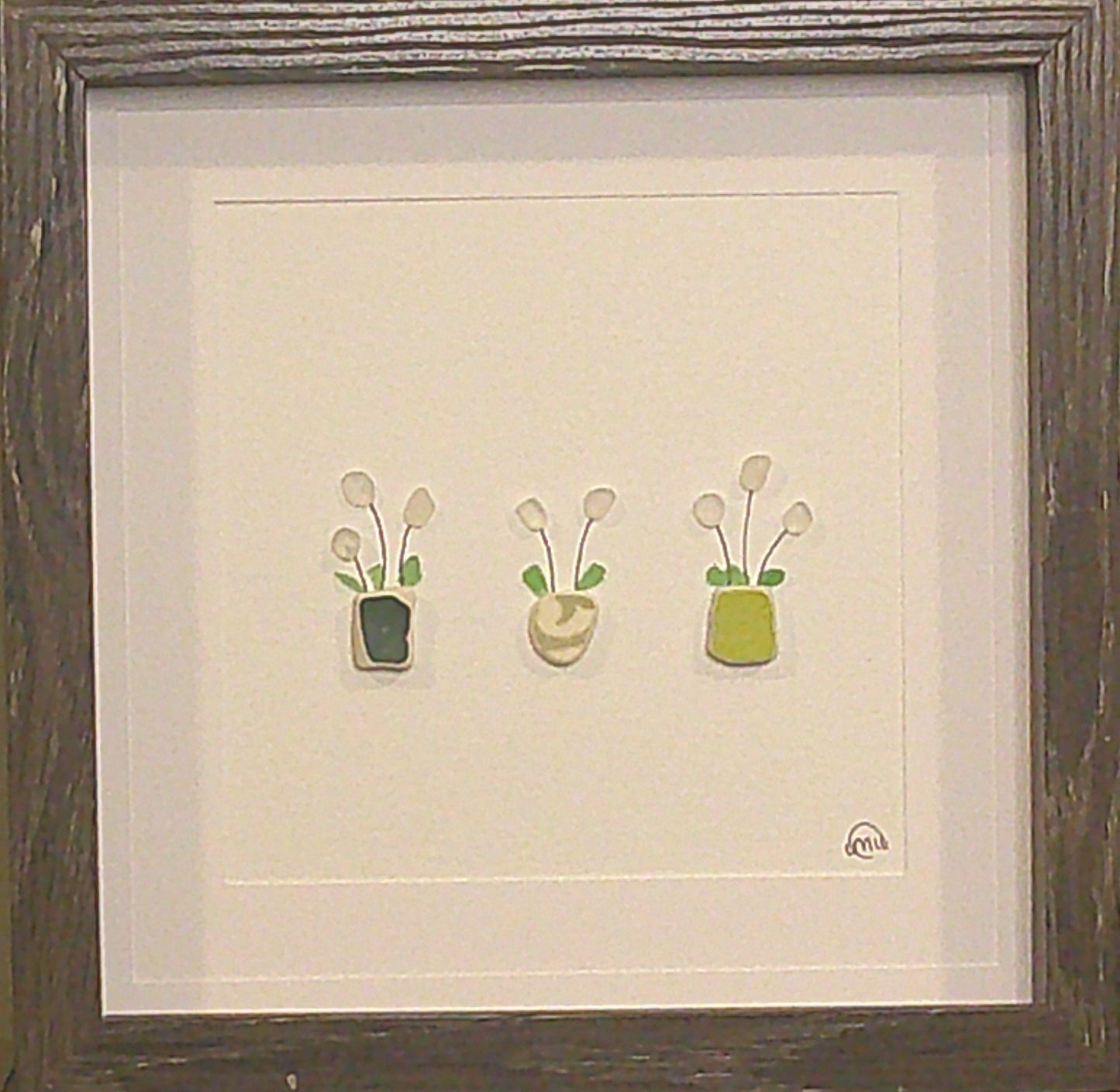 Sea Glass Picture - Flower 3 Pot White 3 - 8x8