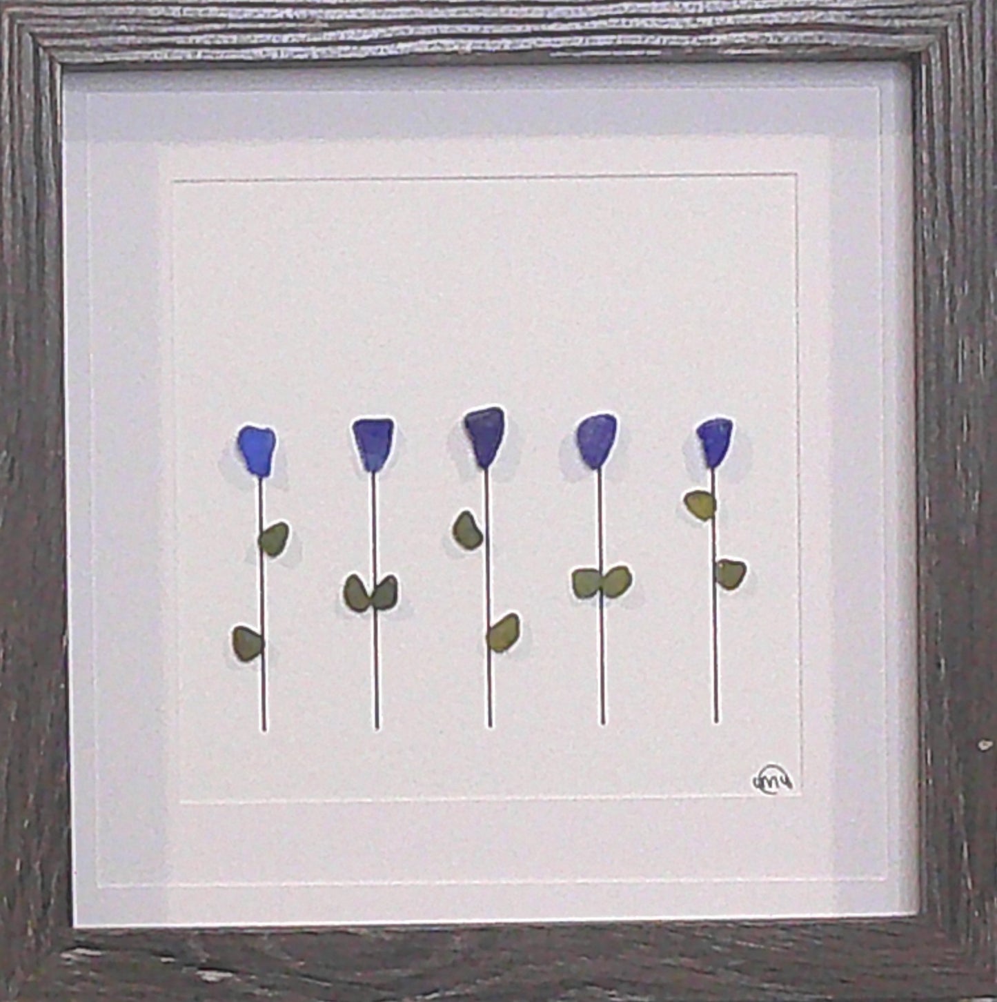 Sea Glass Picture - Flowers 5 Stem Cobalt 1 - 8x8