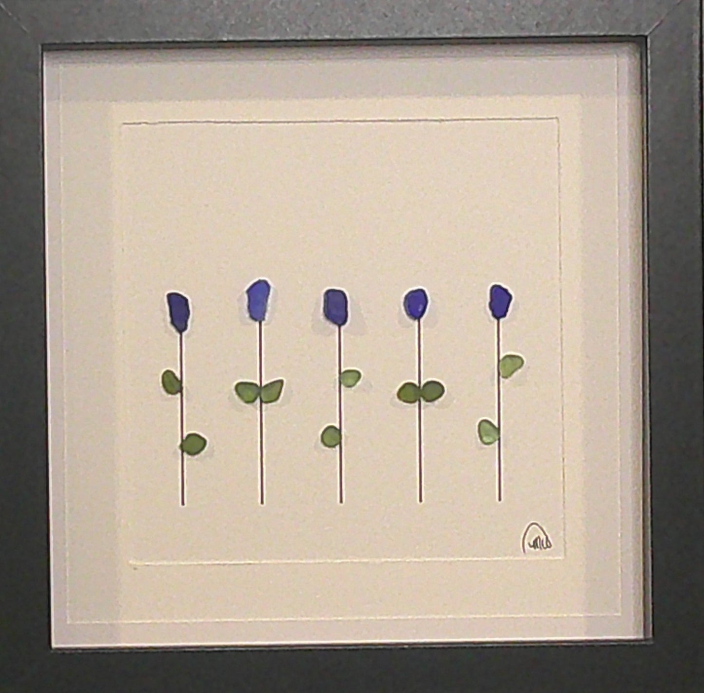 Sea Glass Picture - Flowers 5 Stem Cobalt 4 - 8x8