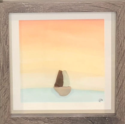Sea Glass Picture - Sailboat Sunset - 8x8