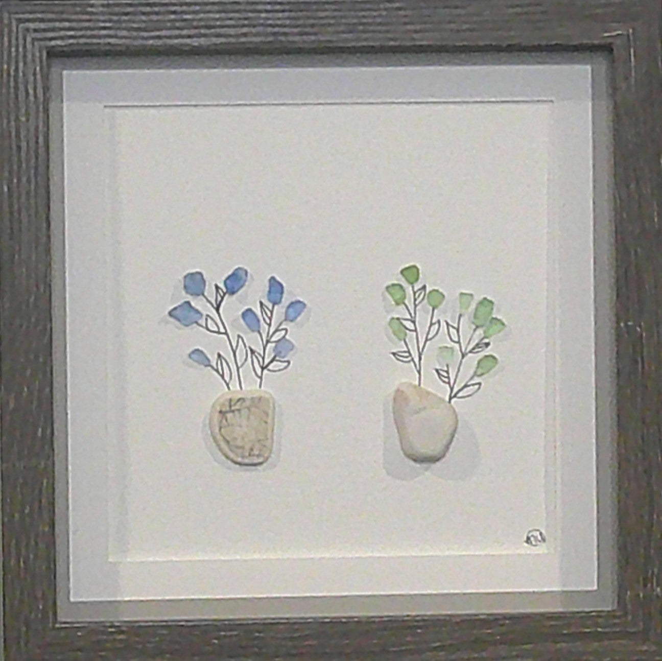 Sea Glass Picture - Flower pots - blue & green - 8x8