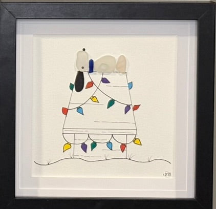 Sea Glass Picture - Dog on Dog House Christmas Lights - 8x8