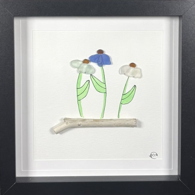 Sea Glass Picture - Cone Flowers 5 - 8x8