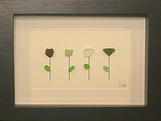 Sea Glass Picture - Flower 4 Stem 2 - 5x7