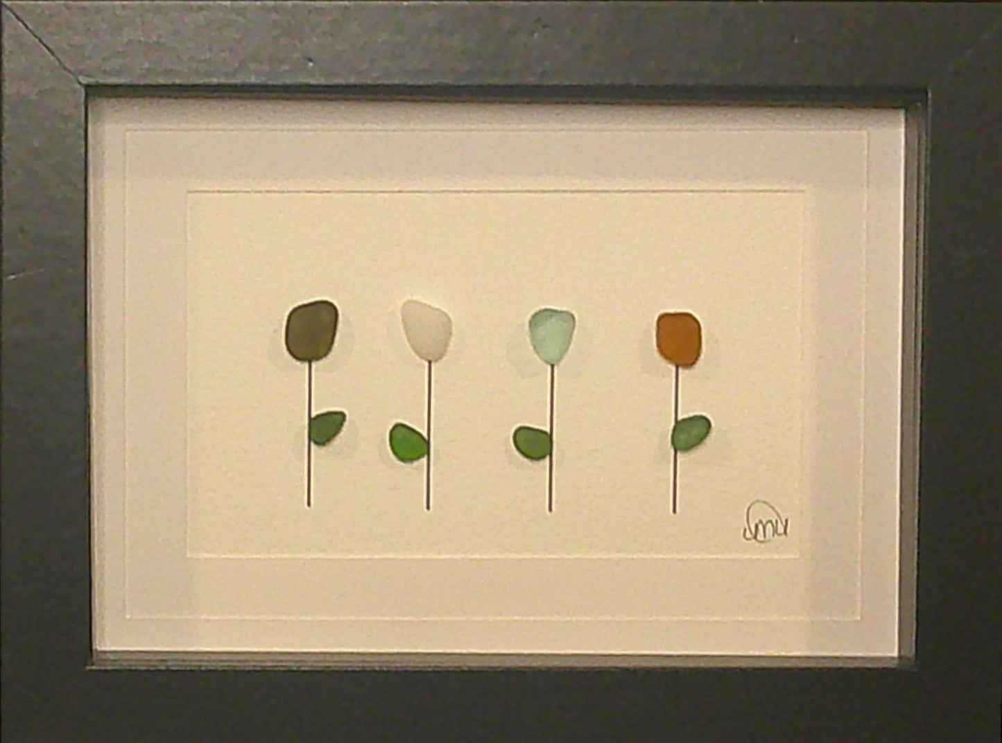 Sea Glass Picture - Flower 4 Stem 3 - 5x7