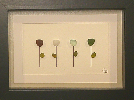 Sea Glass Picture - Flower 4 Stem 5 - 5x7