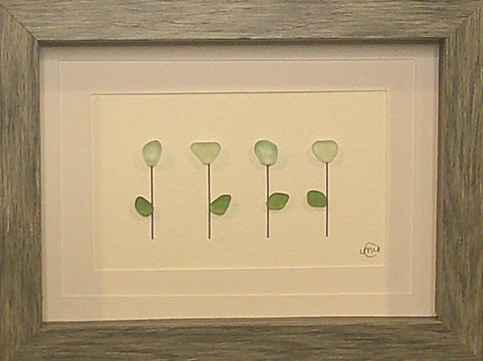 Sea Glass Picture - Flower 4 Stem 6 - 5x7