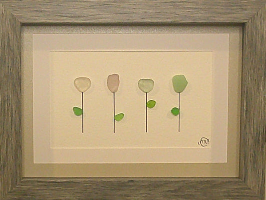 Sea Glass Picture - Flower 4 Stem 7 - 5x7