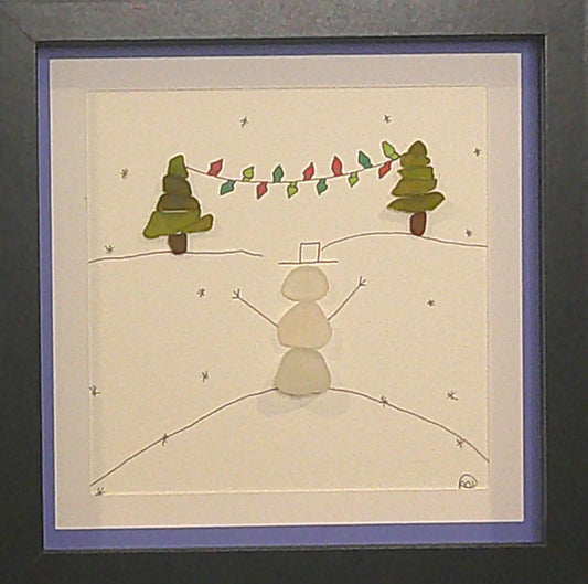 Sea Glass Picture - Christmas Snowman - 8x8