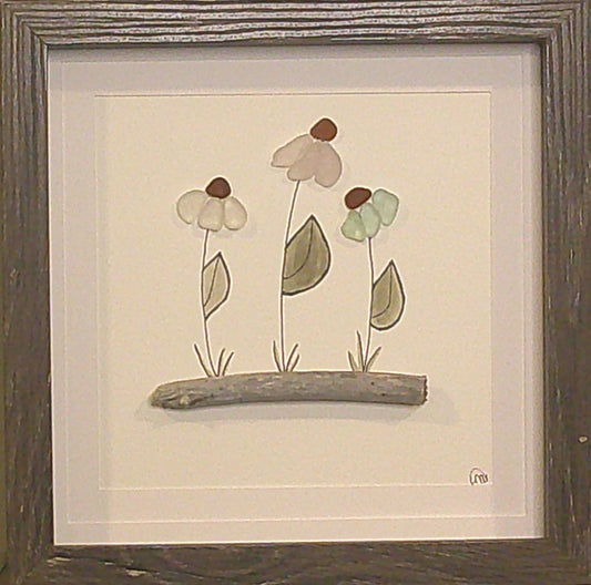 Sea Glass Picture - Cone Flowers 1 - 8x8