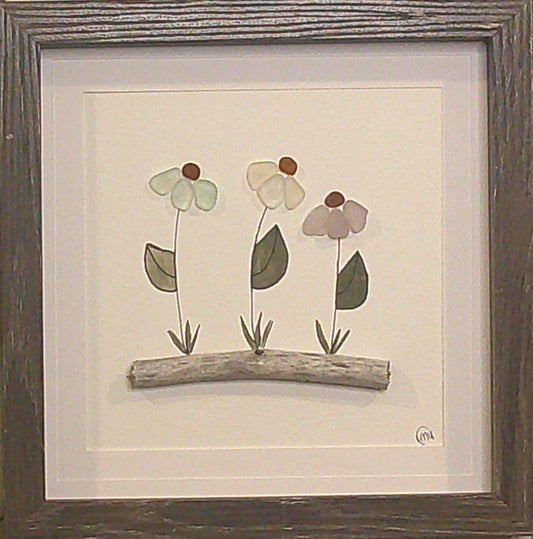 Sea Glass Picture - Cone Flowers 3 - 8x8