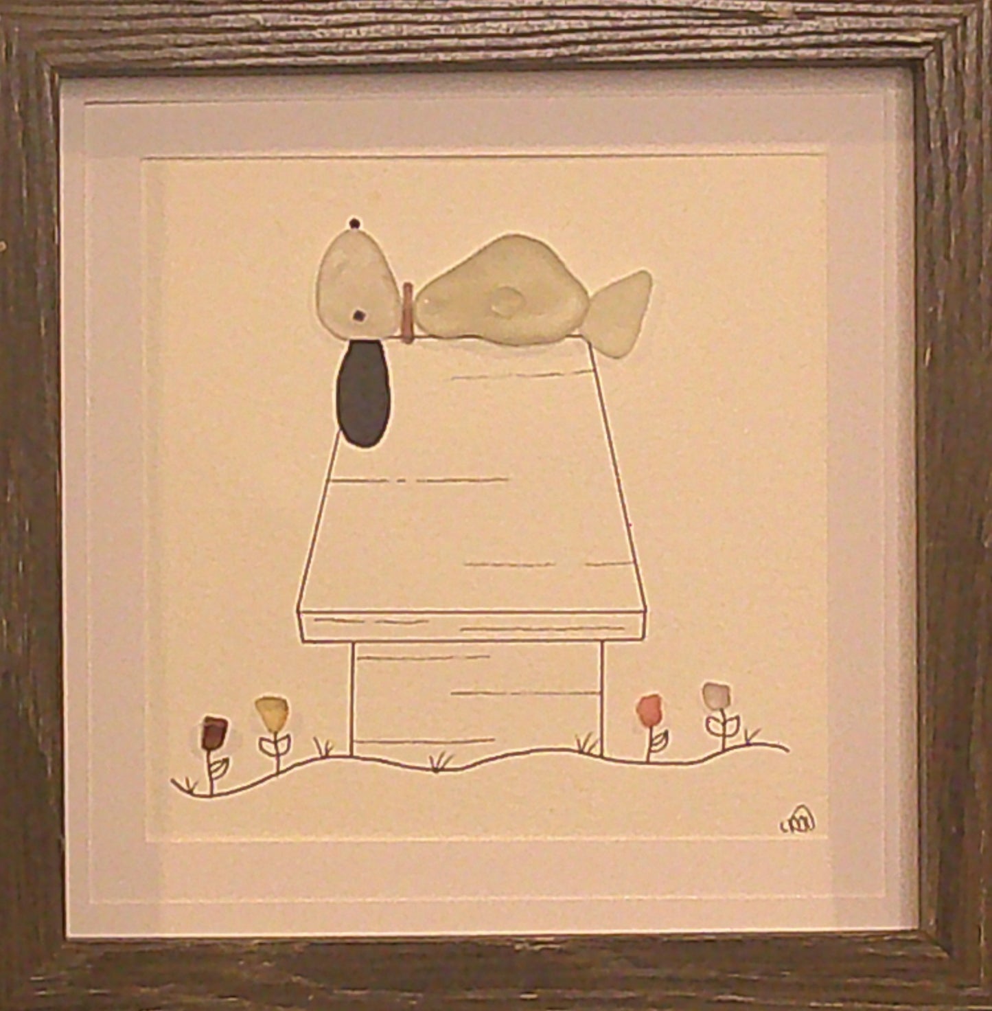 Sea Glass Picture - Dog on Dog House Flowers 1 - 8x8
