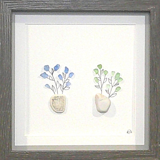 Sea Glass Picture - Flower 2 Pot 2  - 8x8