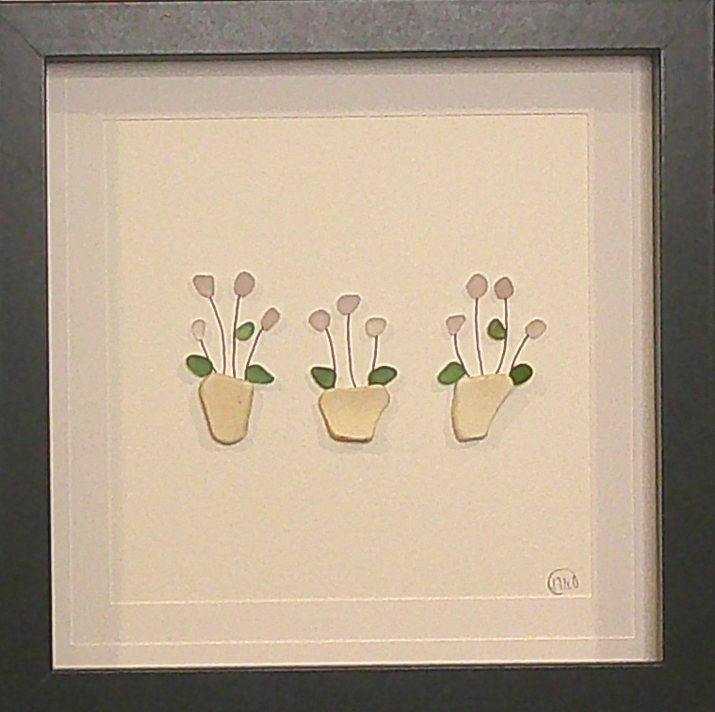 Sea Glass Picture - Flower 3 Pot Amethyst 1 - 8x8