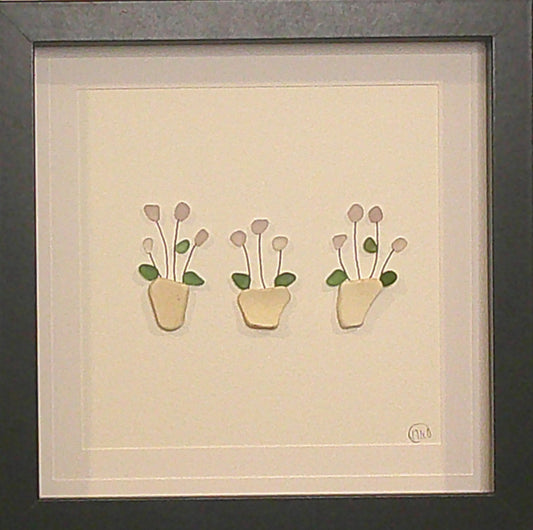 Sea Glass Picture - Flower 3 Pot Amethyst 1 - 8x8