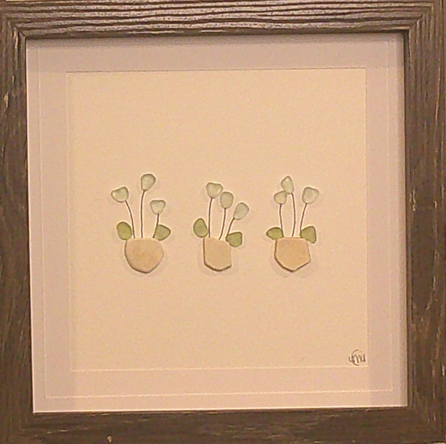 Sea Glass Picture - Flower 3 Pot Blue 2 - 8x8