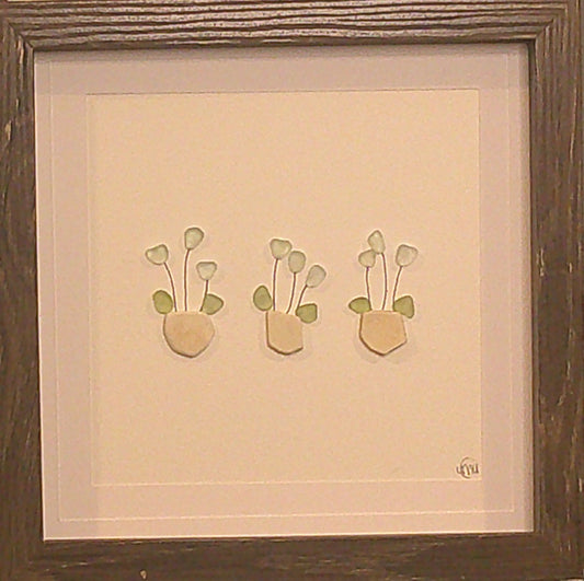 Sea Glass Picture - Flower 3 Pot Blue 2 - 8x8