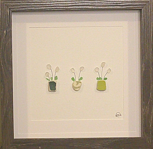 Sea Glass Picture - Flower 3 Pot White 3 - 8x8
