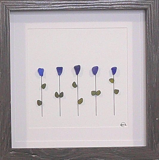 Sea Glass Picture - Flowers 5 Stem Cobalt 1 - 8x8