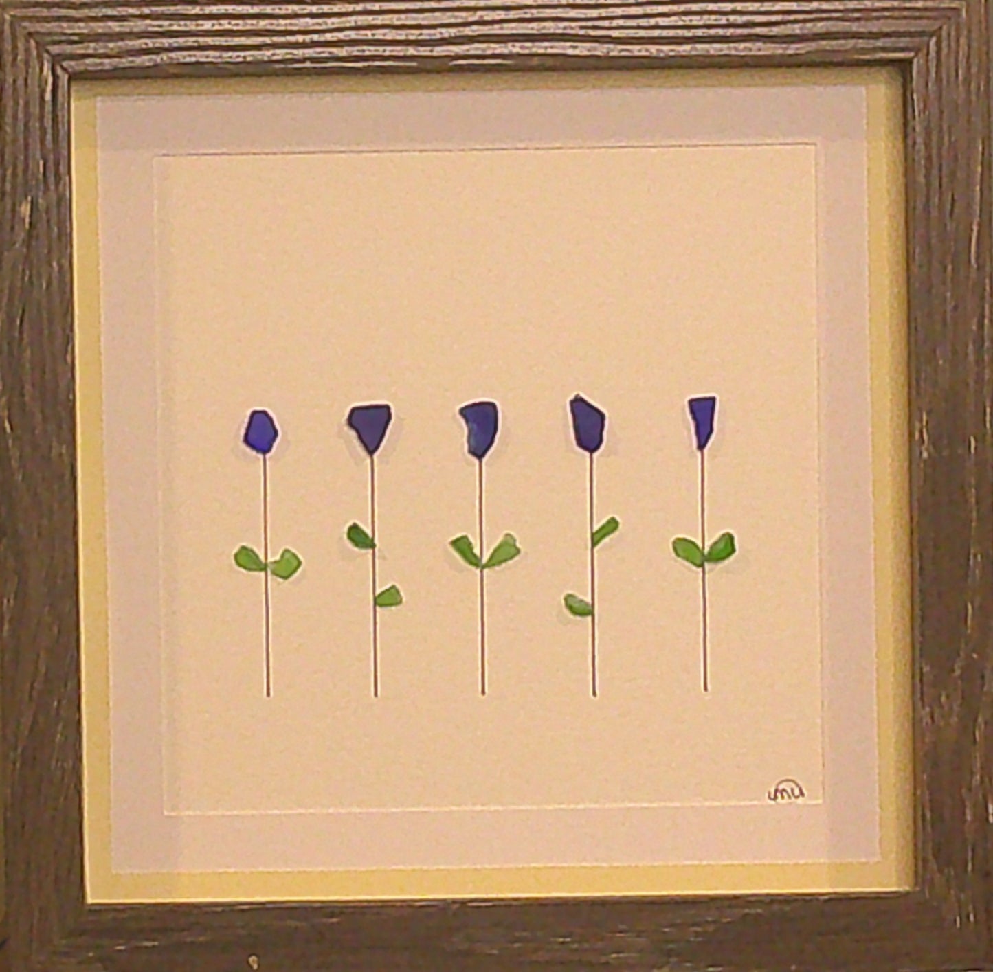 Sea Glass Picture - Flowers 5 Stem Cobalt 2 - 8x8