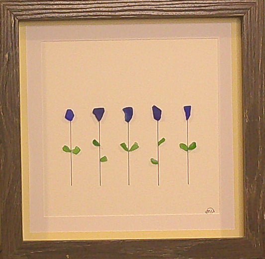 Sea Glass Picture - Flowers 5 Stem Cobalt 2 - 8x8