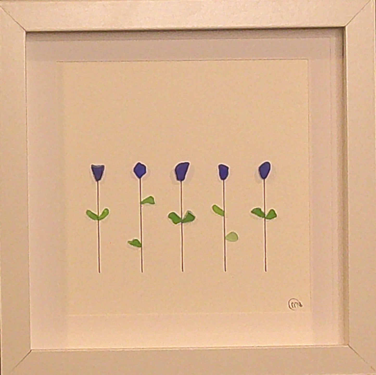Sea Glass Picture - Flowers 5 Stem Cobalt 3 - 8x8