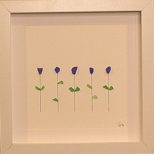 Sea Glass Picture - Flowers 5 Stem Cobalt 3 - 8x8