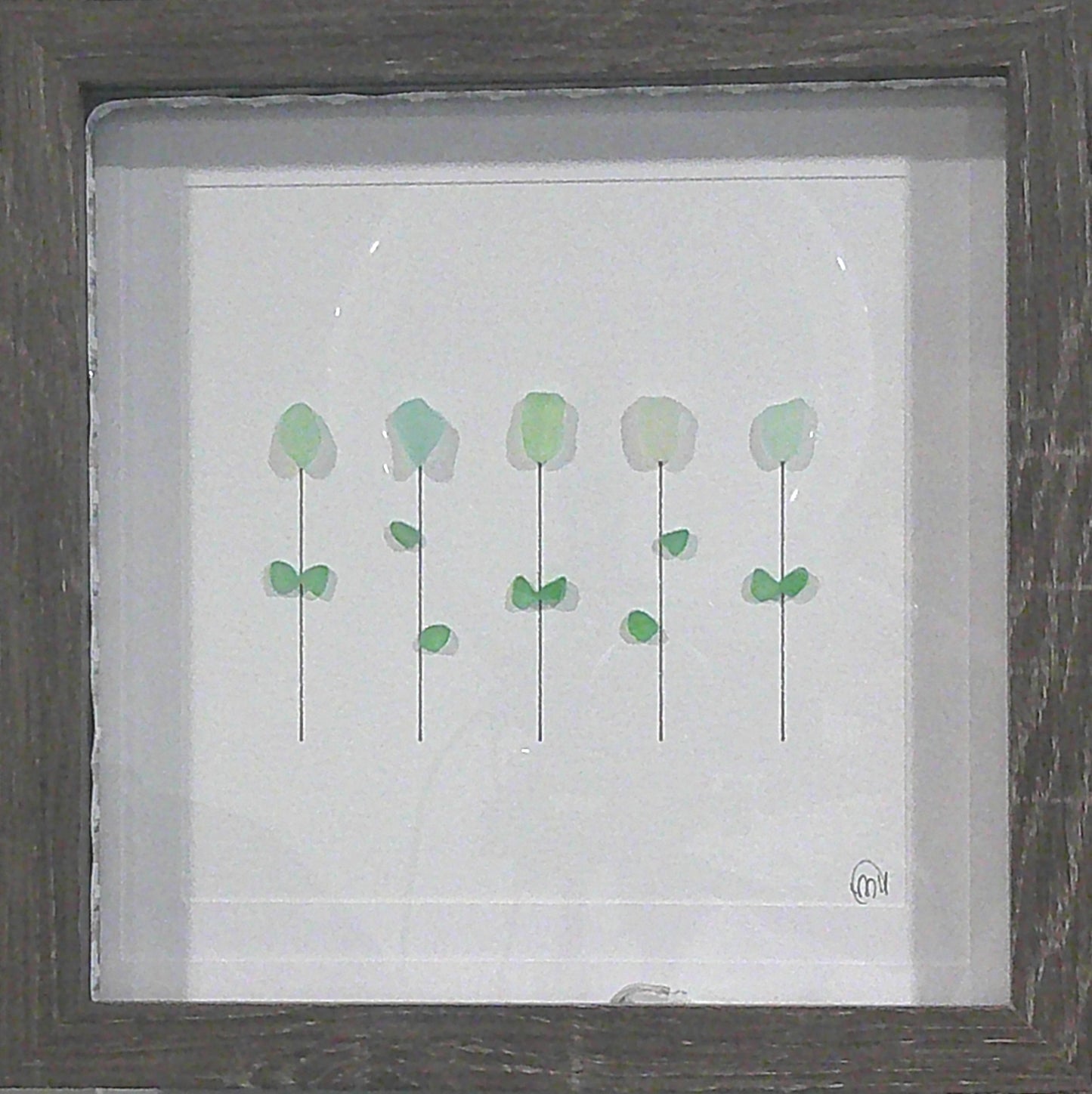 ***Sea Glass Picture - URANIUM Sea glass Flowers with black light frame - 8x8