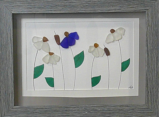 Sea Glass Picture - Cone Flowers (2) - 5x7