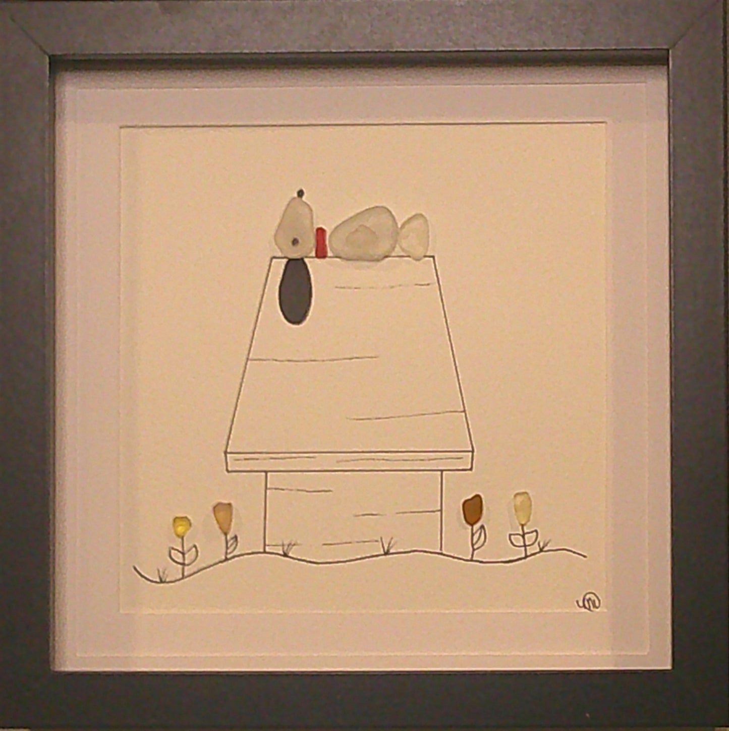 Sea Glass Picture - Dog on Dog House Flowers 2 - 8x8