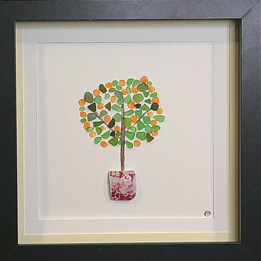 ***NEW-Sea Glass Picture - Orange Tree - 8x8