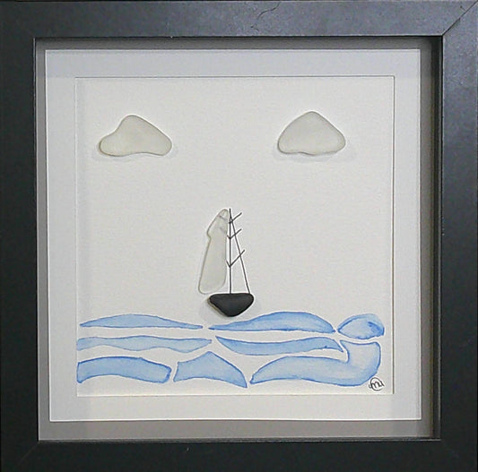 ***NEW-Sea Glass Picture - Sail boat - 8x8