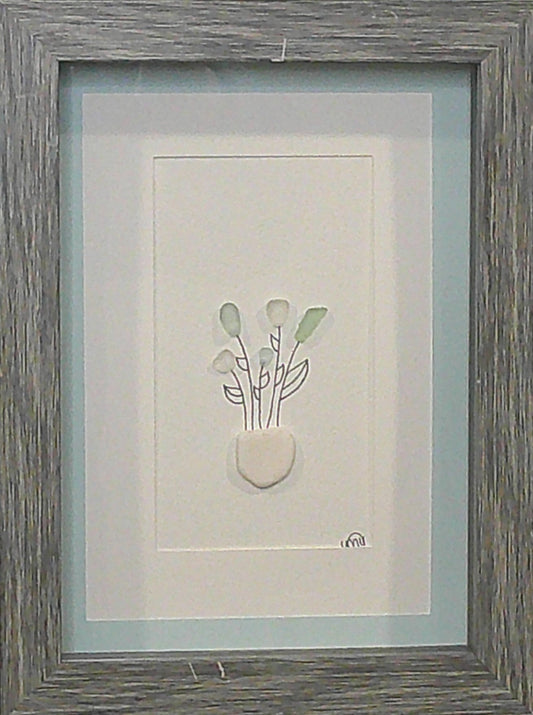 ***NEW - Sea Glass Picture - Flower Pot Blue (2)- 5x7