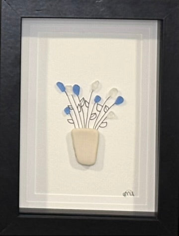 Sea Glass Picture - Flower Pot Blue (9)- 5x7
