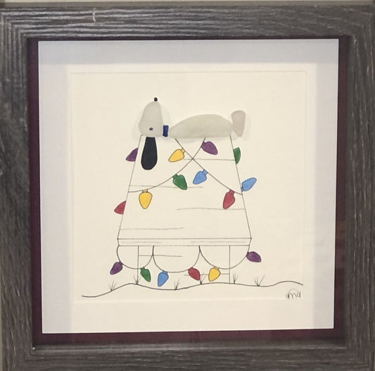 ****Christmas Collection - Sea Glass Picture - Dog on Dog House Christmas Lights - 8x8