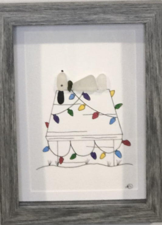 ****Christmas Collection- Sea Glass Picture - Dog on Dog House Christmas Lights - 5x7