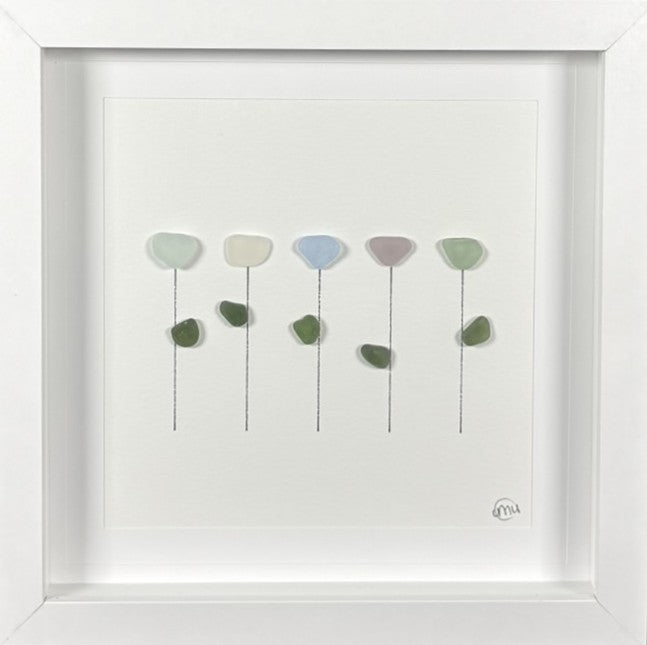 Sea Glass Picture - Flowers 5 Stem 1 - 8x8