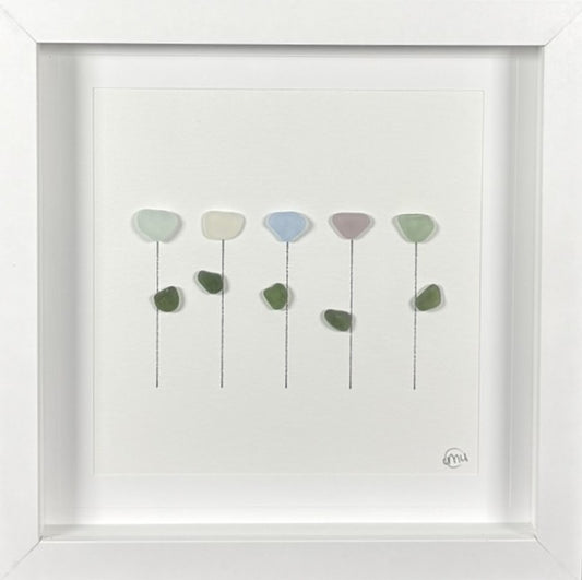 Sea Glass Picture - Flowers 5 Stem 1 - 8x8