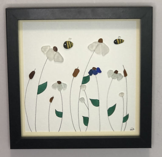 Sea Glass Picture - Cone Flowers (1) - 8x8