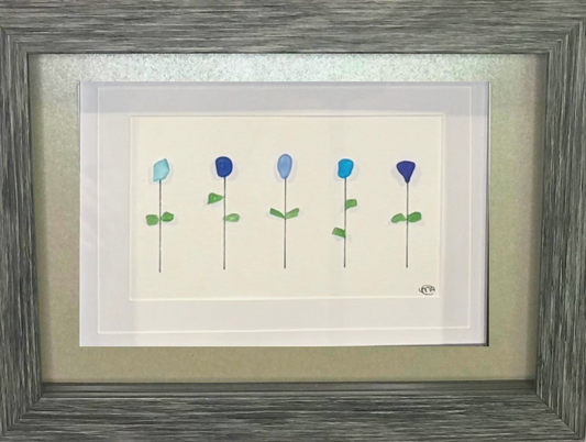 Sea Glass Picture - Flower 5 Stem 1 - 5x7